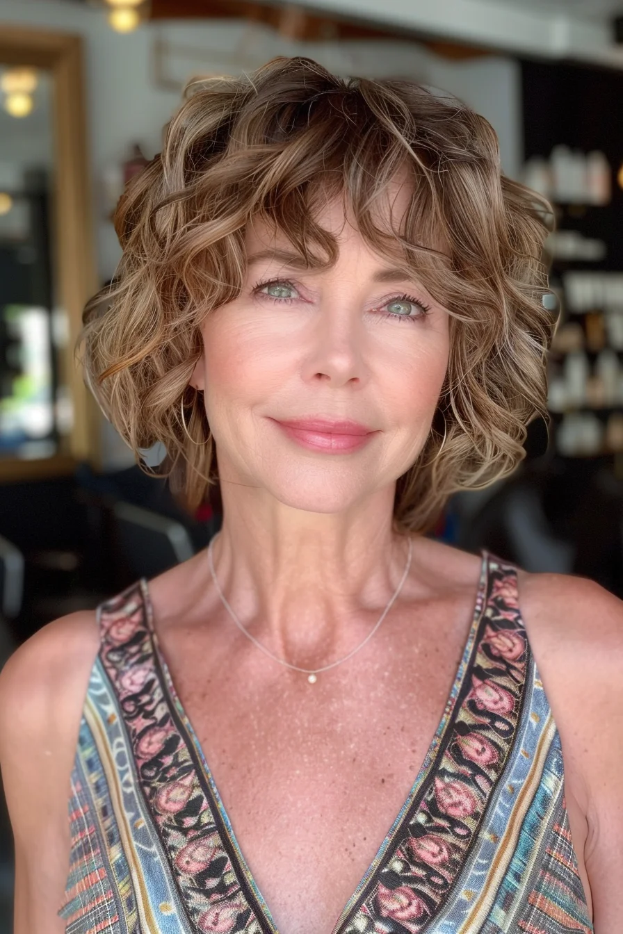 Loose curls in a bob style give a soft and feminine appearance. The honey blonde highlights over a darker base add warmth and depth. The bangs are lightly curled and blend into the overall style, creating a cohesive and flattering look that enhances natural beauty.