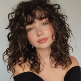 This hairstyle has shoulder-length, dark brown curls with layered ends, adding volume and bounce. The fringe is softly curled and integrated into the overall look, offering a chic and youthful appearance.