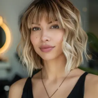 A wavy, chin-length bob with feathered layers that add volume and texture. The full, straight-across bangs contrast beautifully with the tousled waves. Ash blonde highlights over a medium brown base create depth and dimension, giving the hairstyle a dynamic appearance.