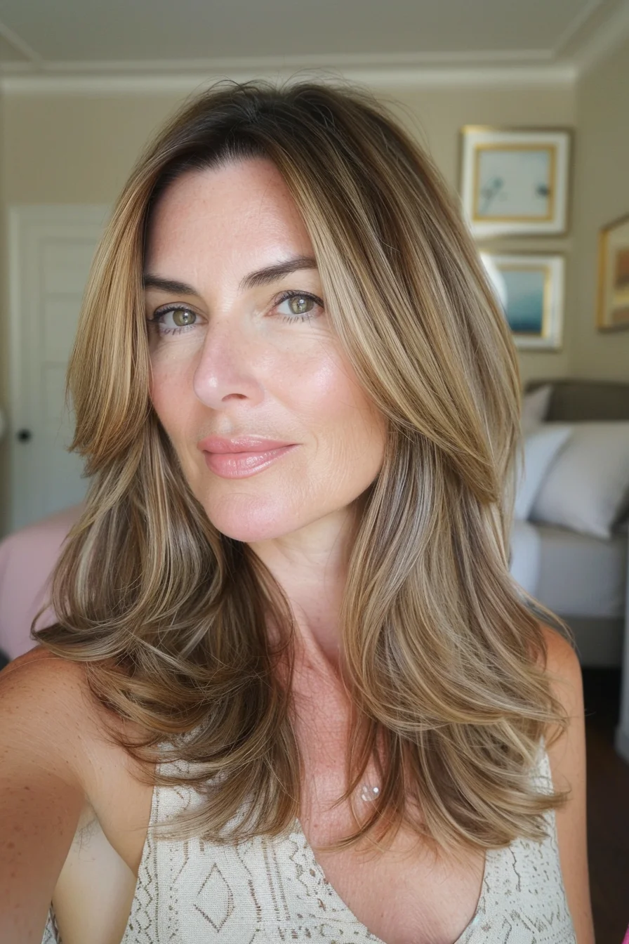 Soft layers create a voluminous look with subtle movement. The warm honey highlights blend seamlessly with the medium brown base, adding a natural sun-kissed effect. The front pieces are slightly longer, framing the face delicately and enhancing the overall softness of the hairstyle.