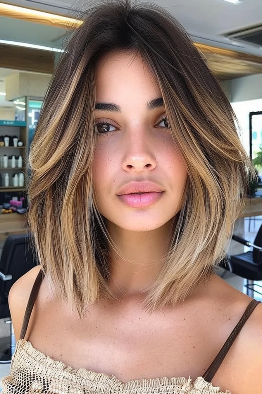 An effortless, textured bob with subtle layering that gives the hair a fuller, more voluminous appearance. The color features a natural brunette base with soft, sunlit highlights, creating a multidimensional effect. This hairstyle strikes a balance between relaxed and refined, offering a modern take on the classic bob.