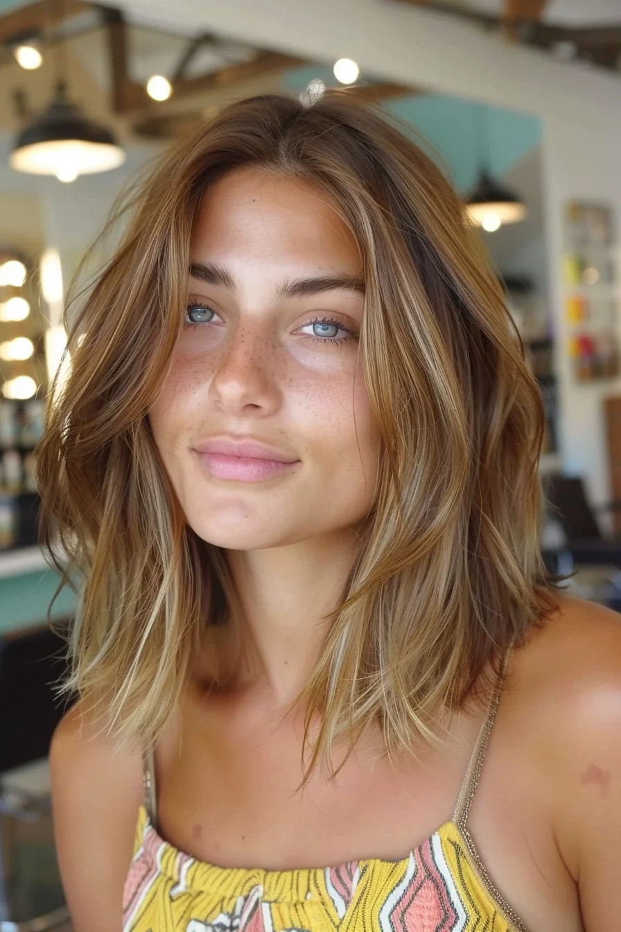 With its textured layers and relaxed waves, this hairstyle offers a natural, beachy look. The rich, golden highlights blend seamlessly with the natural brunette base, creating a sunlit effect that brightens the face. This effortless style is perfect for those seeking a laid-back yet chic appearance.