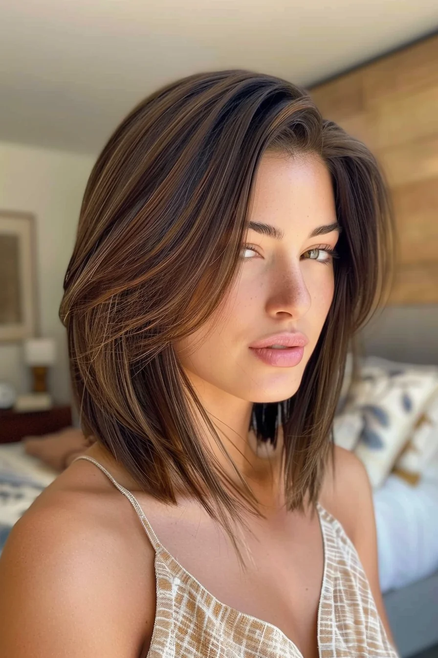 A sophisticated bob cut with precise layering that enhances volume and movement. The deep brunette color, highlighted with subtle chestnut streaks, gives this hairstyle a luxurious and rich finish. The sleek lines and glossy finish make it an elegant choice for any setting.