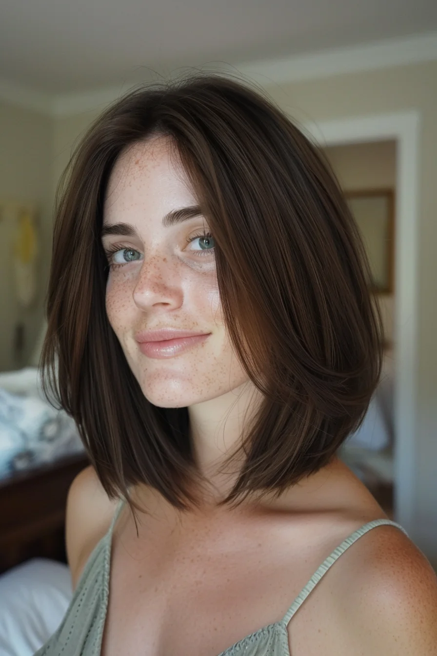 This hairstyle features a voluminous bob with soft layers that create a rounded shape, adding fullness and dimension. The dark chocolate brown color, enriched with a hint of auburn, adds warmth and richness to the overall look. The combination of texture and color makes this style both dynamic and effortlessly stylish.