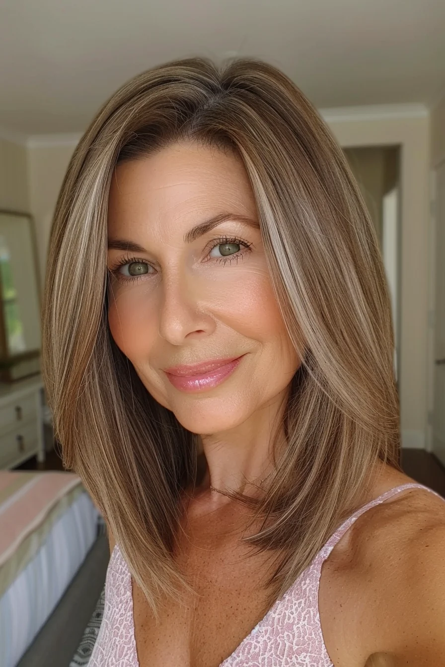 This hairstyle features a classic shoulder-length cut with subtle layering at the ends to add texture and movement. The warm, caramel highlights stand out against the chestnut base, providing a rich and vibrant contrast. The overall effect is a harmonious blend of color and style that enhances the wearer's natural beauty.