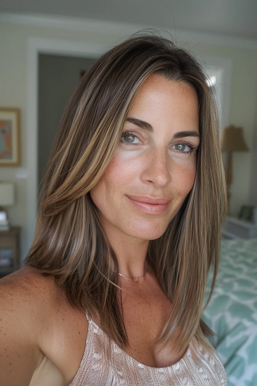 A chic and elegant style, characterized by its smooth and straight finish. The hair color is a sophisticated blend of cool-toned brunette with soft, blonde highlights that add a touch of brightness around the face. The clean lines and minimal layering make this look both timeless and effortlessly chic.