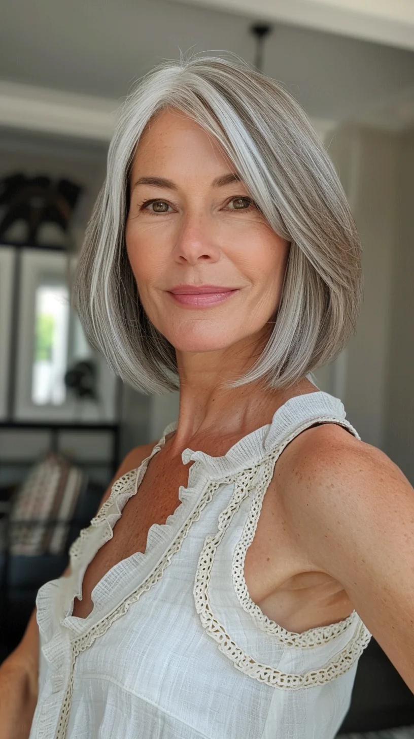 A graceful bob cut that falls just above the shoulders, featuring a blend of silver and gray hues. This color transition creates a striking look that embraces natural aging while maintaining a stylish edge. The straight, sleek finish complements the sophisticated color palette, offering a contemporary and fresh vibe.