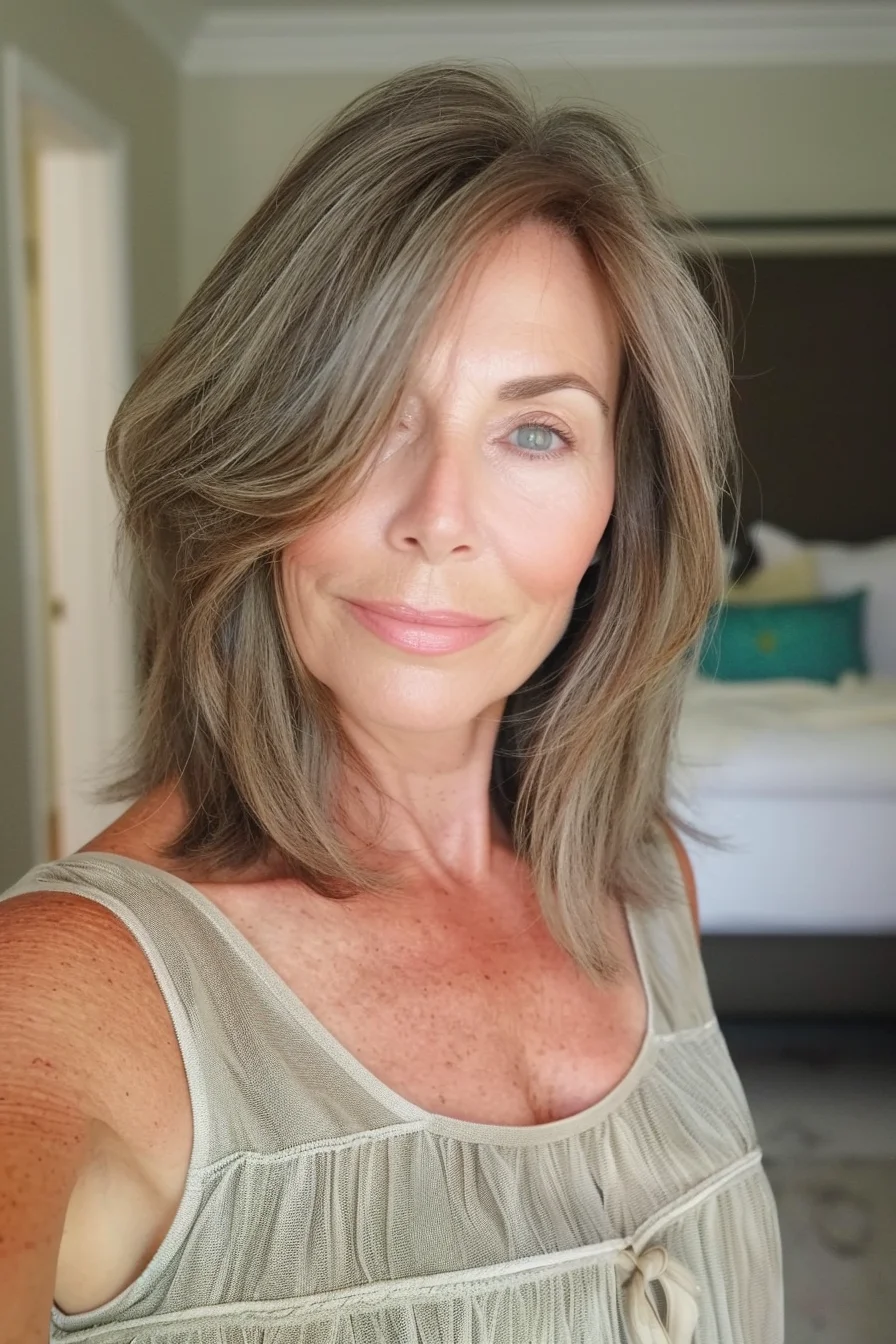 Layered with precision, this style features face-framing angles that softly graze the jawline. The subtle blend of ashy brown and muted gray tones adds depth and dimension, giving the hairstyle a modern, cool-toned vibe. The side-swept bangs enhance the sophisticated and elegant look.