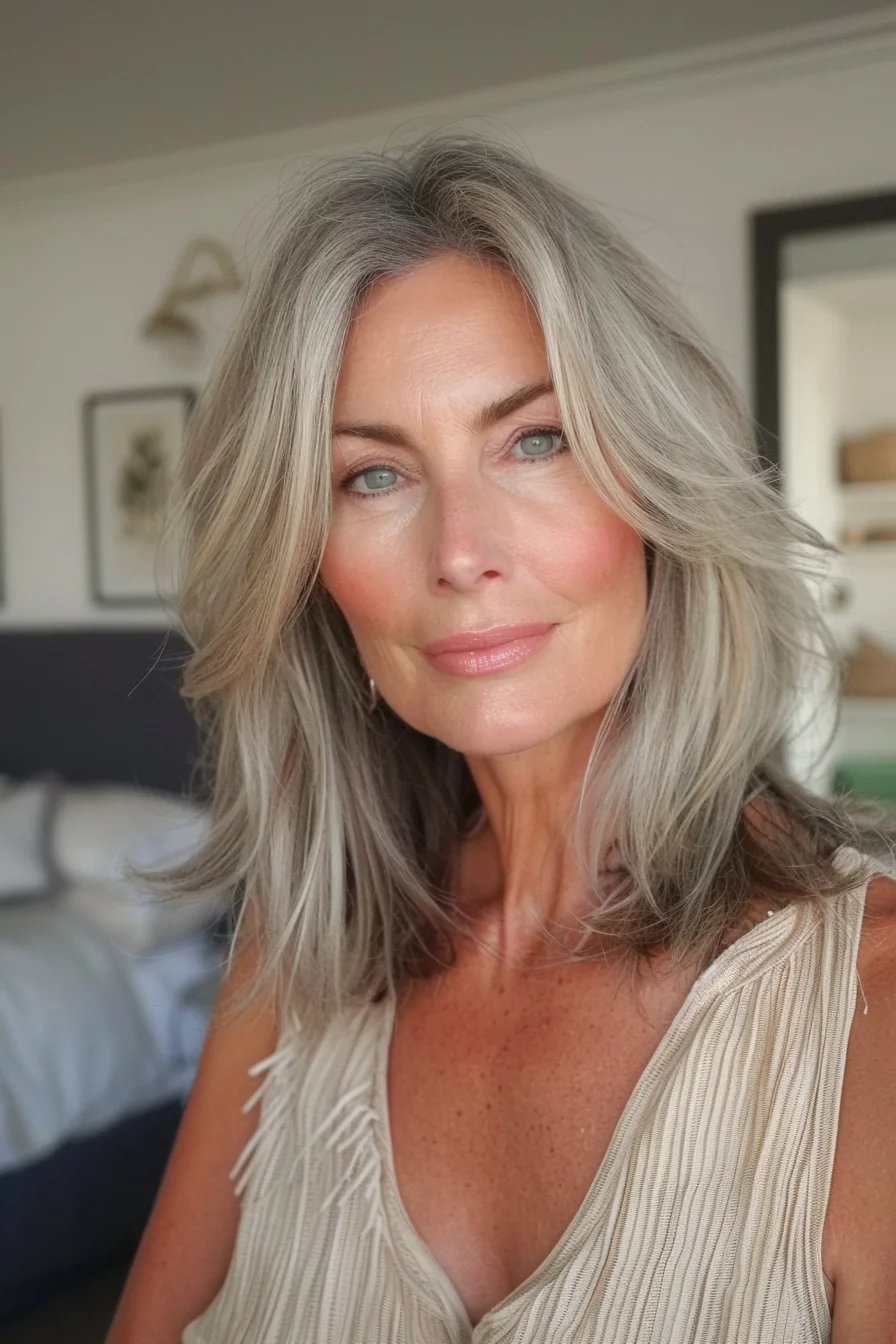 This hairstyle showcases voluminous layers with a slight wave, adding texture and movement. The color is a stunning silver-gray, blending seamlessly with natural hair for a graceful transition. This look emphasizes a chic, yet effortless style, perfect for embracing natural beauty.
