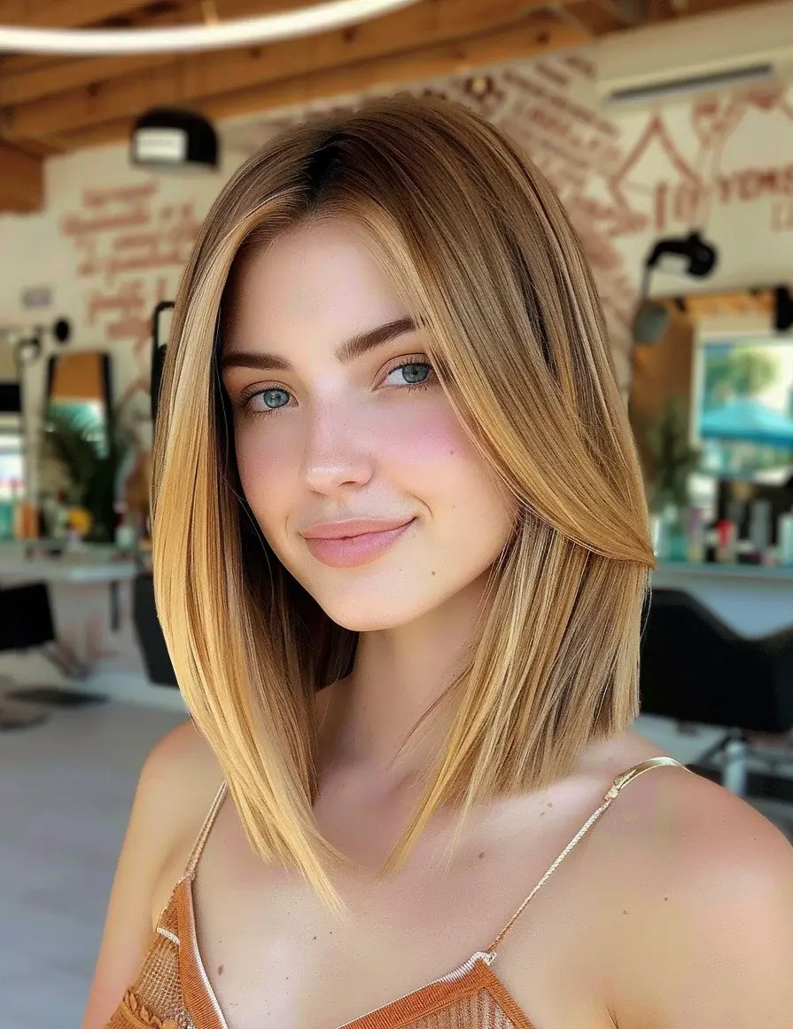 A sleek, blunt cut falling just below the shoulders, complemented by a golden blonde balayage that brightens the look. The roots maintain a darker base, adding depth and a natural gradient. This style is both youthful and versatile, ideal for showcasing a sun-kissed glow.