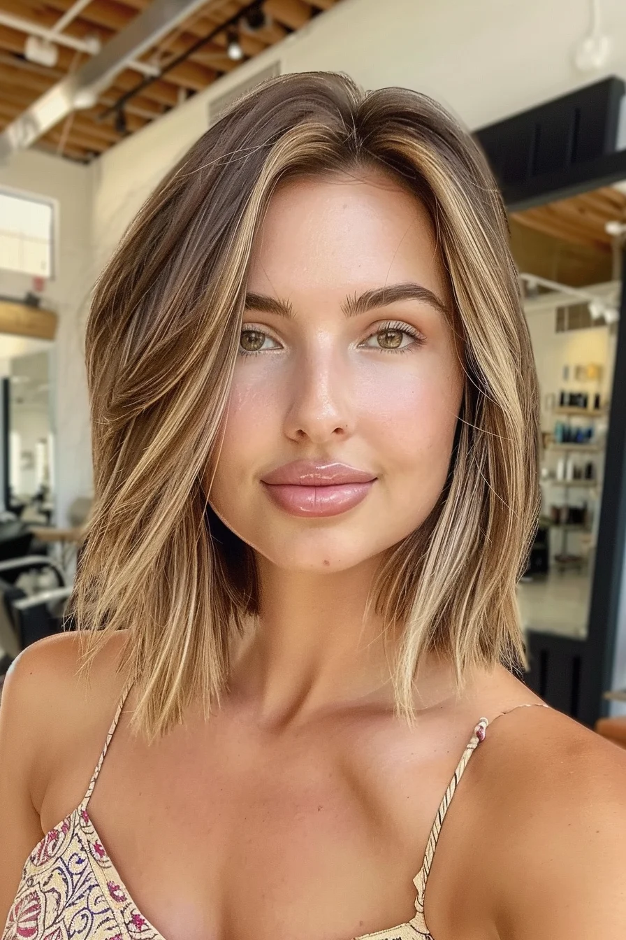 Soft, tousled layers define this shoulder-length cut, providing a relaxed and beachy feel. The hair color features a beautiful blend of warm caramel and honey blonde, with highlights that frame the face and add a radiant, luminous quality. This look is casual yet polished, perfect for everyday wear.