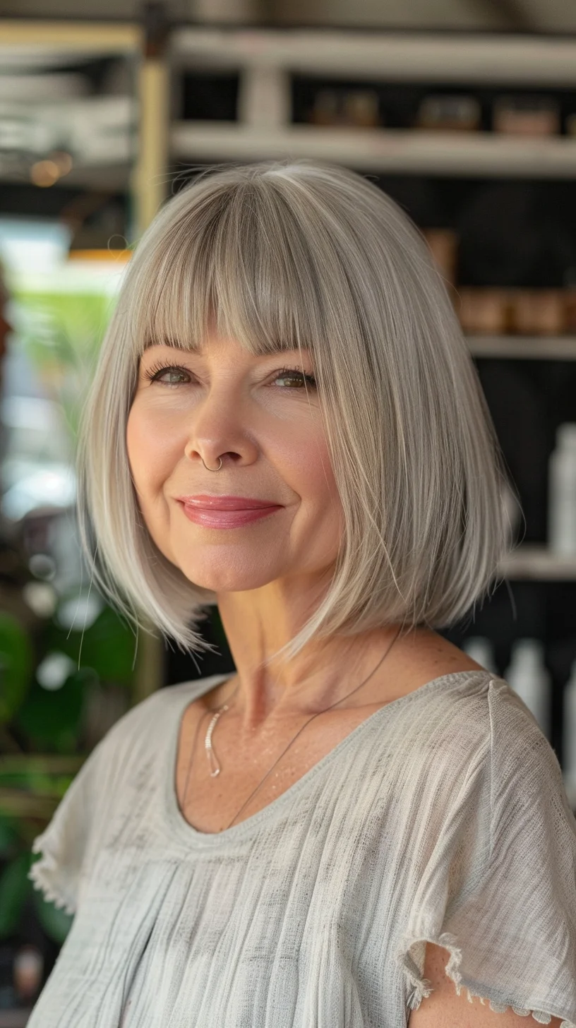 This hairstyle features a chic bob cut that falls just below the jawline, complemented by blunt bangs that frame the face. The silver-gray hair color adds a touch of elegance and modernity, with a smooth, glossy finish that enhances the clean lines of the cut.