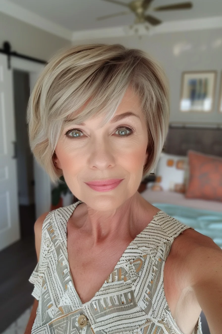 A classic short bob with a modern twist, this style features sleek, straight hair with a soft undercut at the nape. The hair color blends ash blonde and silver tones, creating a chic, sophisticated look. The side-swept fringe provides a flattering frame for the face, adding a contemporary edge to the style.