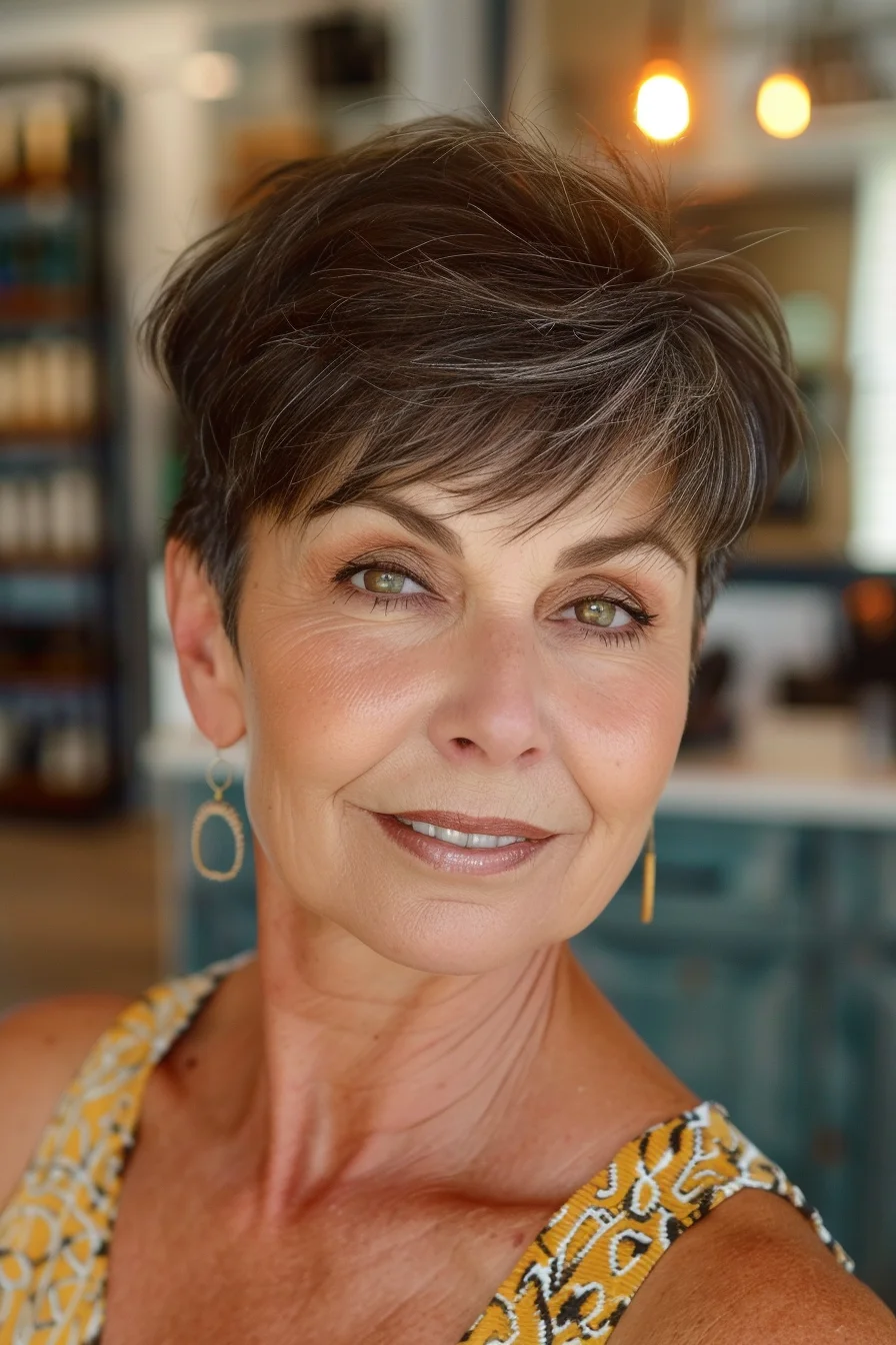 This short, pixie cut with layered bangs offers a modern and youthful vibe. The deep, rich brunette shade is enhanced with subtle gray highlights, adding dimension and texture. The wispy fringe softens the face, providing a fresh and airy feel.