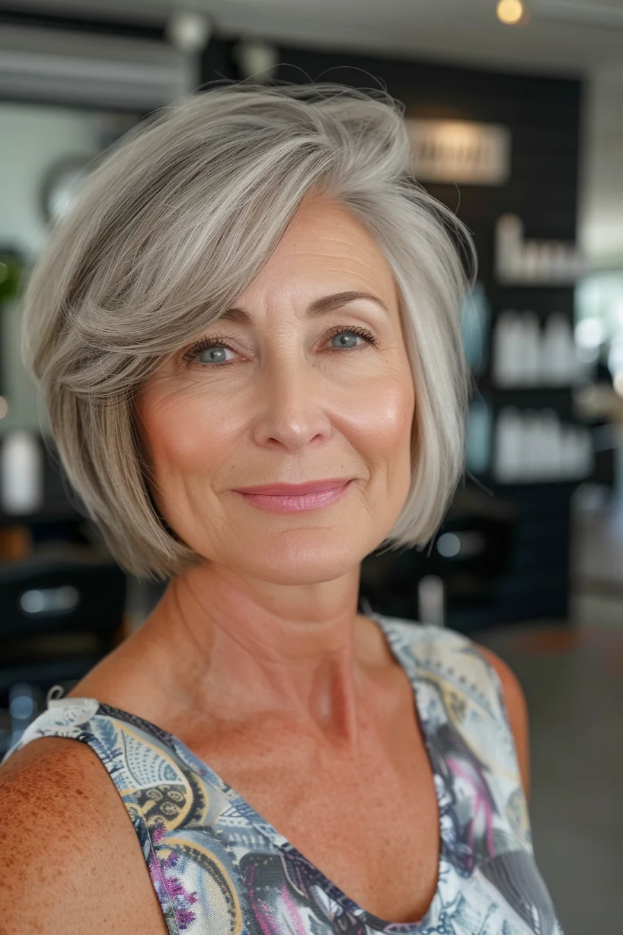 A classic bob cut, slightly layered to add volume and movement. The hair is styled with a sleek, smooth finish, and the color is a soft, silvery gray, perfect for highlighting natural gray tones. Side-swept bangs blend seamlessly, creating a polished, timeless look.
