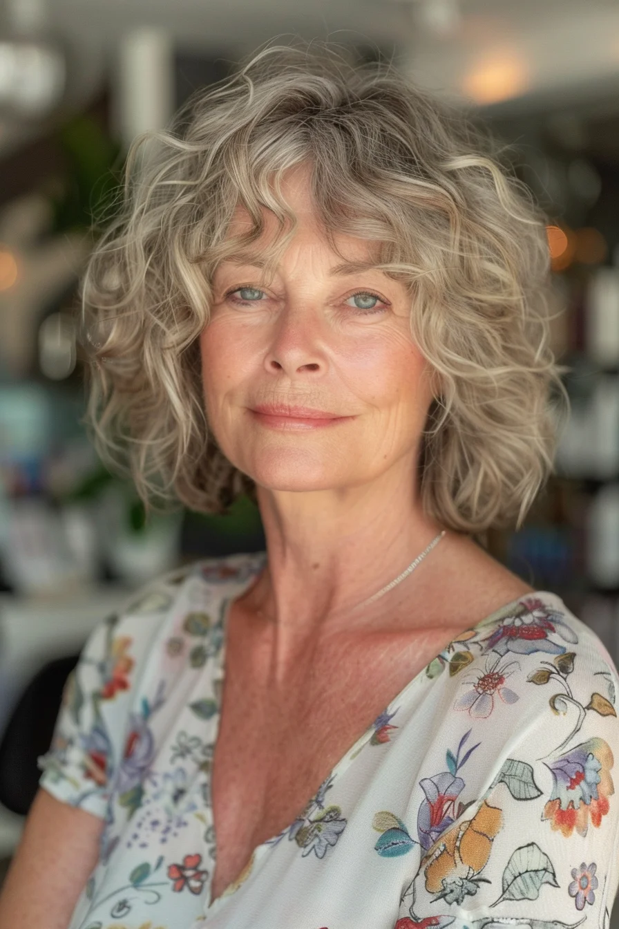 This curly hairstyle features a medium-length cut that accentuates natural curls and waves. The hair color is a light ash blonde with soft highlights, enhancing the curls' texture and bounce. A playful fringe frames the face, adding a touch of whimsy to the overall style.
