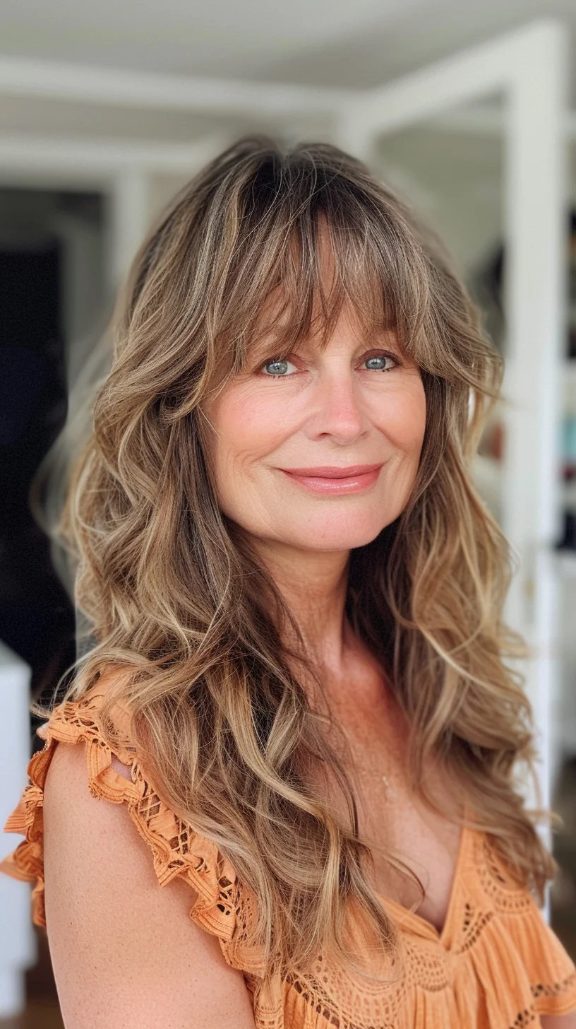 Long, flowing waves characterize this hairstyle, which is enhanced with subtle layers for added texture. The color is a warm chestnut brown with sun-kissed highlights, creating a natural, beachy look. A wispy, full fringe adds a youthful and playful element, framing the eyes.