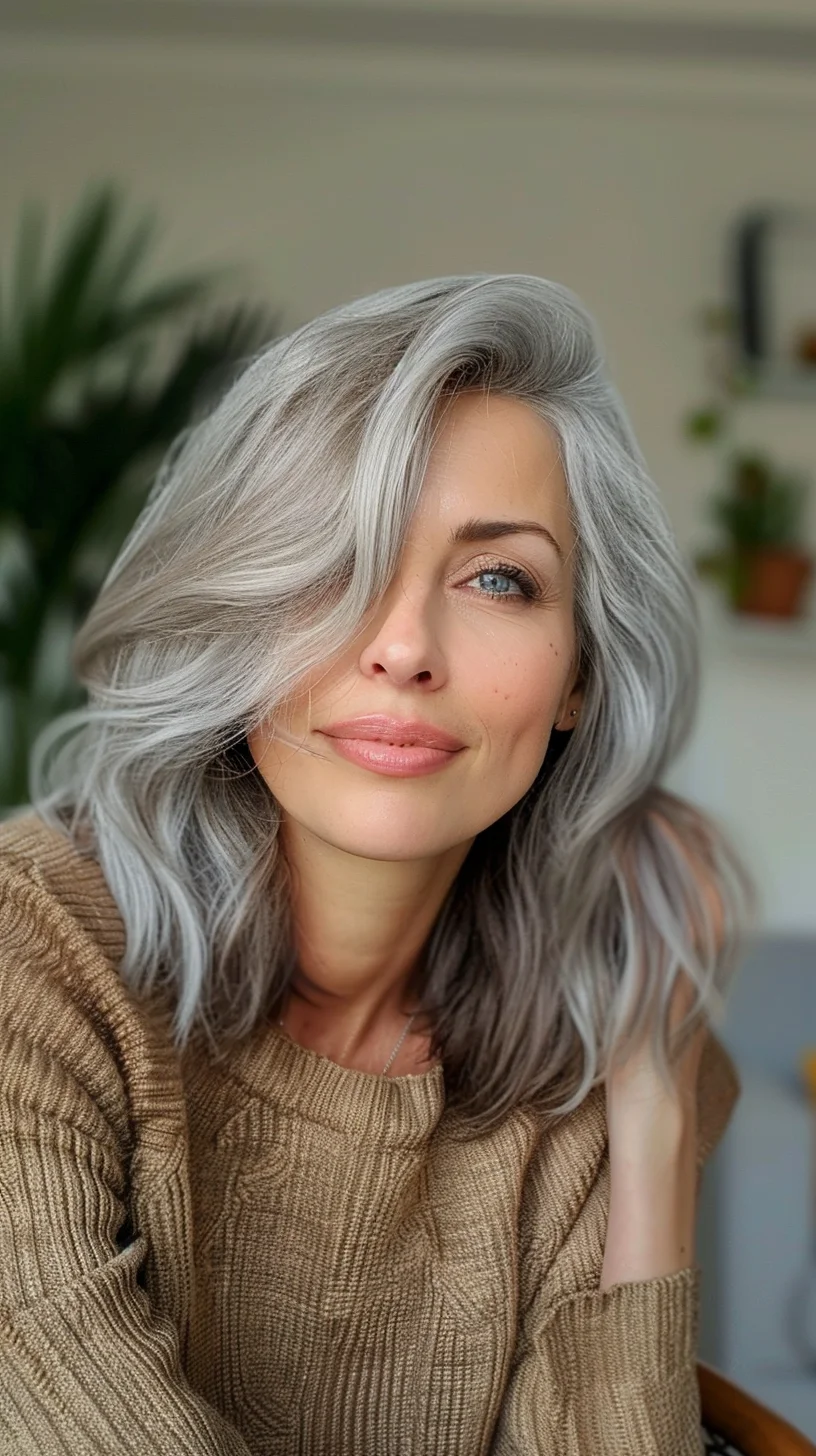 A medium-length layered cut with a side-swept fringe offers a youthful and fresh appearance. The ash gray color is beautifully blended with hints of natural silver, creating a dynamic look that adds volume and movement to the hair.