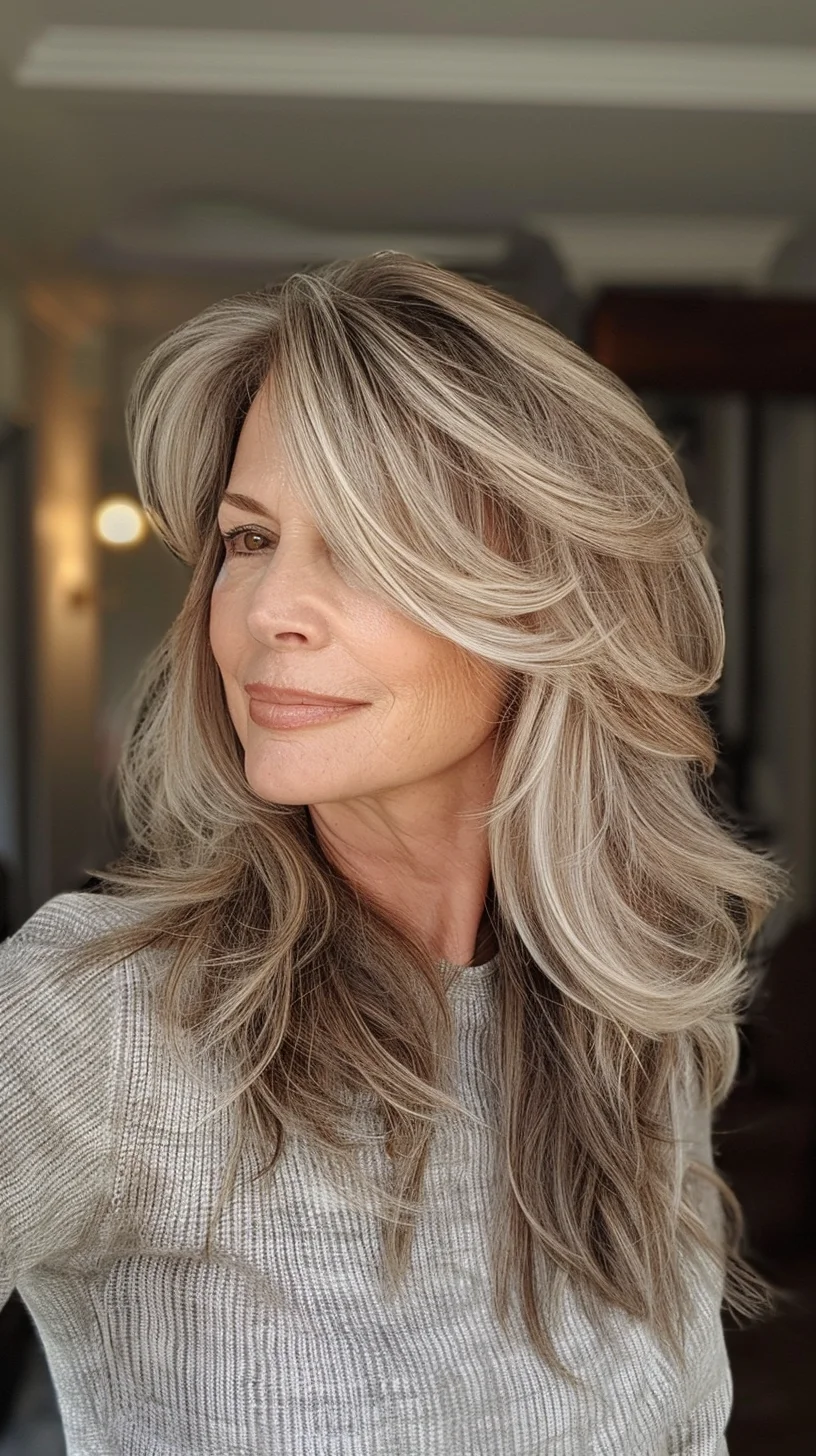 A voluminous layered style showcases a mix of soft waves and feathered ends, creating a flowing, natural look. The subtle blend of blonde and gray tones adds depth and dimension, highlighting the layers and giving the hair a luminous, sun-kissed appearance.