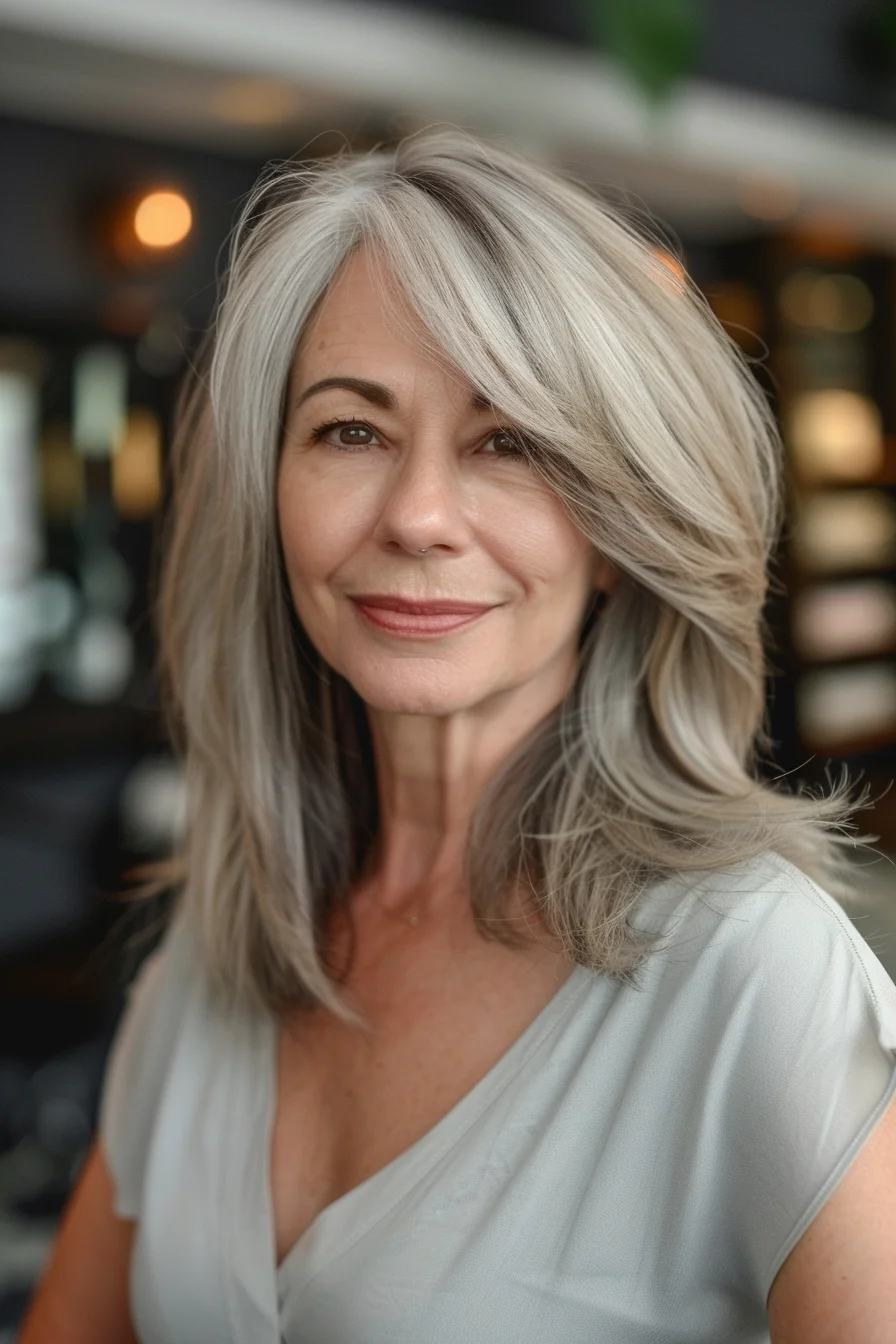 This style features a layered cut with a soft, side-swept fringe that gently frames the face. The hair color is a sophisticated blend of silver and ash gray, with lighter streaks that enhance the texture and add a touch of brightness to the overall look.