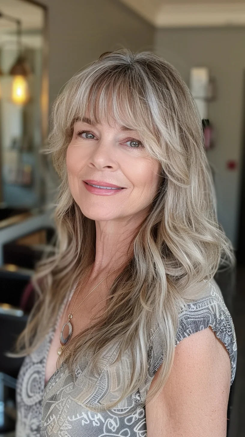 A flowing layered hairstyle with curtain bangs that softly frame the face, this look is both timeless and trendy. The hair color is a delicate mix of beige blonde and gray, providing a natural and radiant appearance that complements the soft, cascading layers.