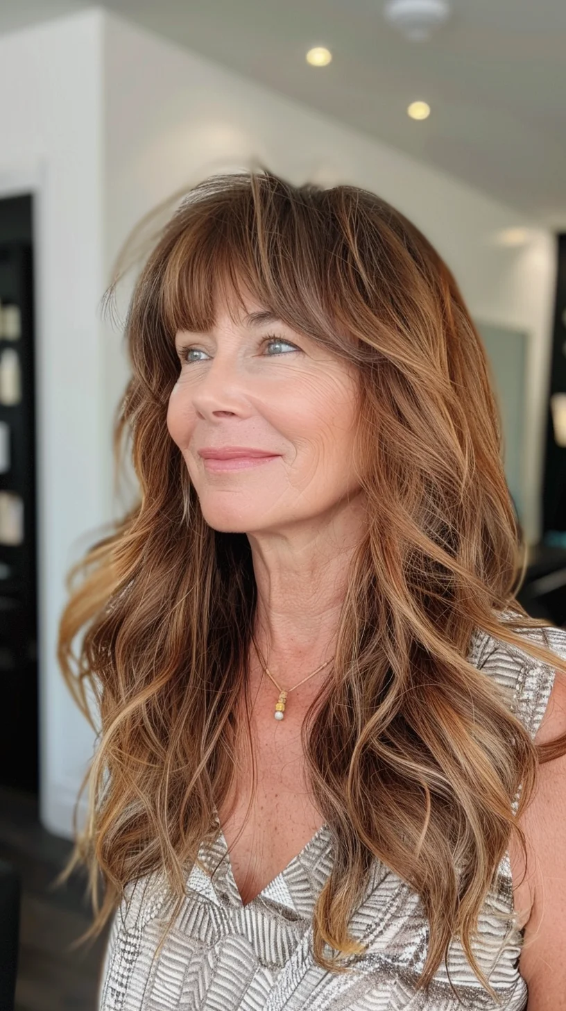 This long, layered hairstyle features rich, warm brown tones highlighted with subtle caramel streaks. The cut includes soft, tousled waves and a full, wispy fringe that adds a youthful touch, framing the face beautifully while adding volume and movement.