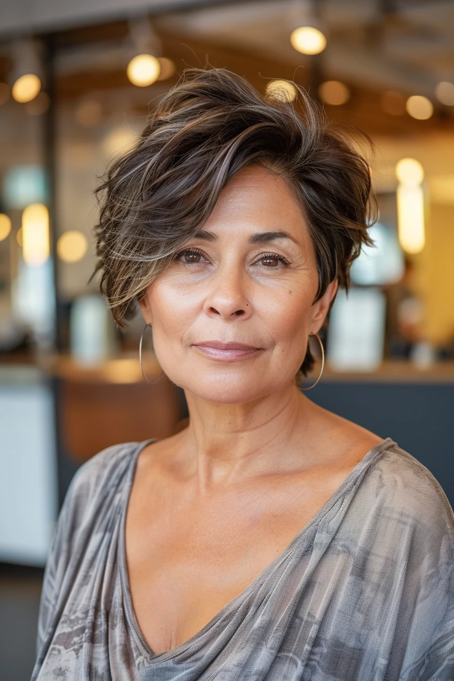 A chic, short hairstyle with a pixie cut, featuring voluminous layers that add texture and fullness. The deep brown color is interspersed with lighter streaks, creating a striking contrast that highlights the tousled waves and accentuates the modern, edgy style.