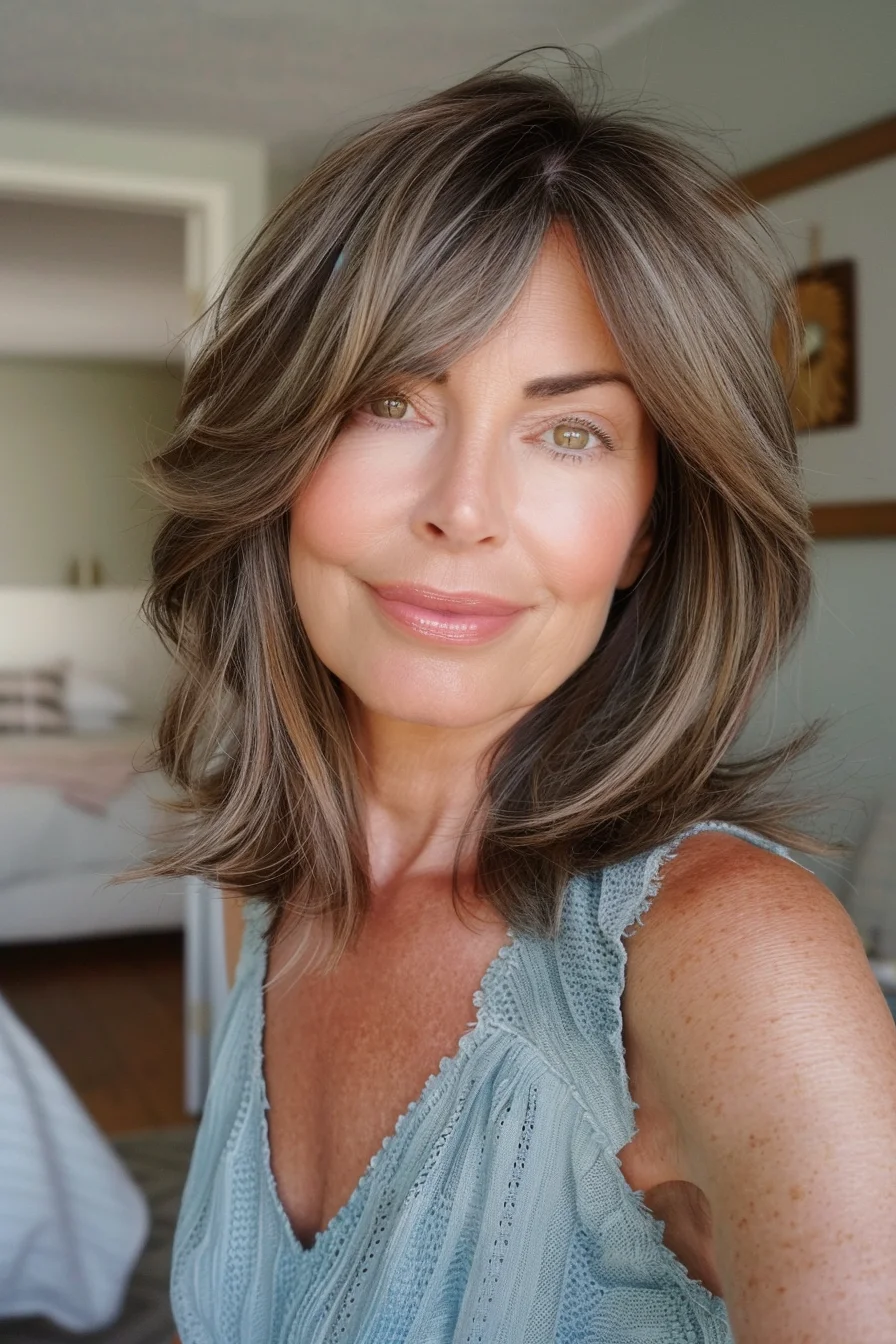 This medium-length cut combines soft waves and a layered finish to add body and movement. The ashy brown base is complemented by lighter highlights, giving the hair a multidimensional look. A curtain fringe gently frames the face, adding to the soft, romantic vibe.