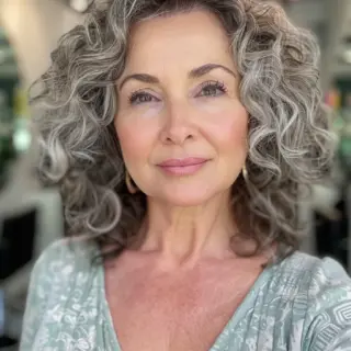 Short, defined curls create a classic, elegant look in this hairstyle. The color is a blend of ash brown and silver, giving a beautiful contrast that highlights the curls. The cut is simple yet stylish, perfect for showcasing the natural texture and shine of the curls.