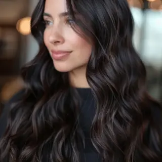 Loose, textured waves define this shoulder-length cut. The espresso brown color, dark and glossy, enhances the hair’s natural volume. The waves add a casual, effortless vibe, making this style perfect for everyday wear.