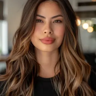 This hairstyle showcases long, flowing waves that blend from a deep brunette at the roots to lighter, caramel tones at the ends. The balayage effect enhances the natural wave pattern, adding depth and a luminous quality that catches the light beautifully.