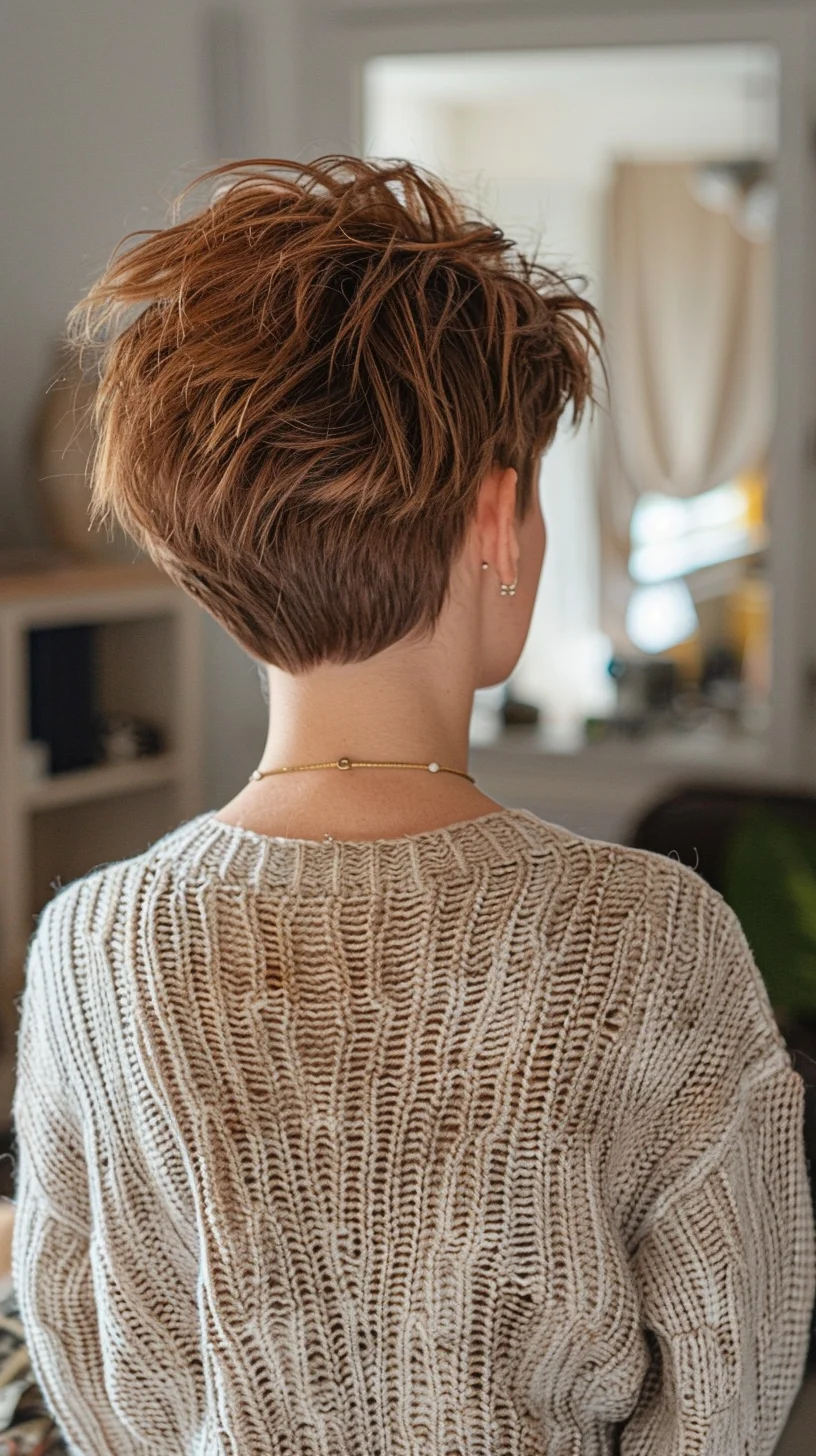 This angled pixie cut features a voluminous crown with tousled layers that add texture and movement. The rich auburn color enhances the natural depth of the hair, creating a lively and dynamic look. The nape is closely cropped, adding contrast to the longer, playful top.