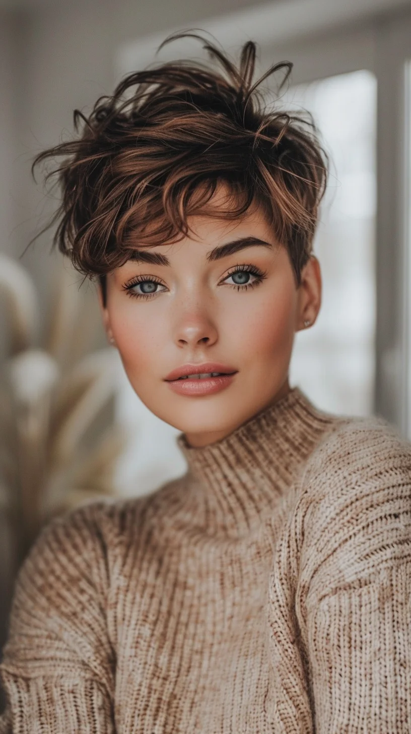 This voluminous pixie cut features soft, feathered layers that provide a sense of movement and lightness. The warm chestnut brown color with delicate caramel highlights adds warmth and dimension, making this style perfect for those who want a mix of classic and contemporary elements.