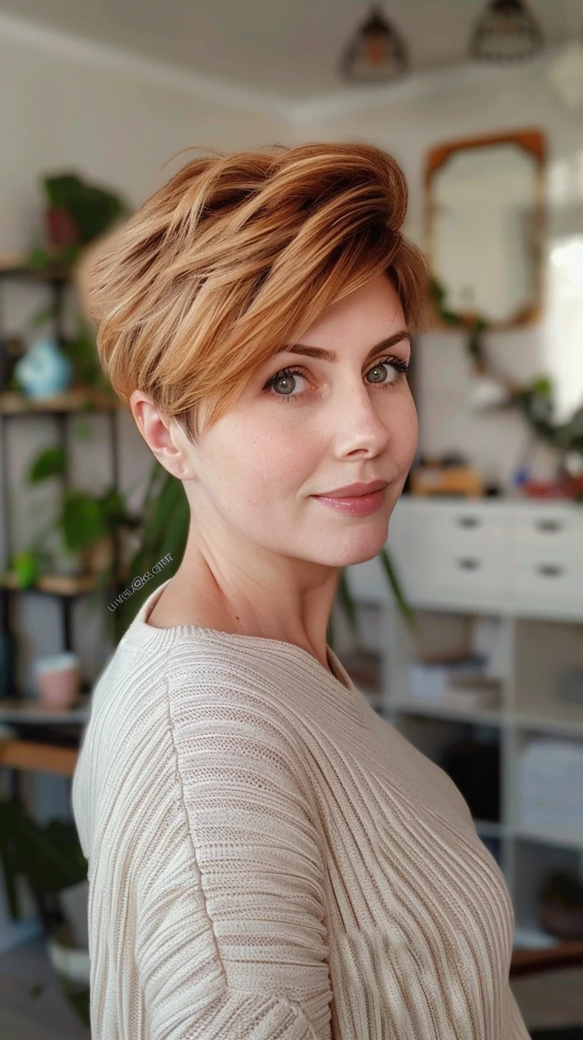 This pixie cut features a rich copper hue, offering a vibrant and warm tone. The hairstyle is styled with soft waves and a side-swept fringe that adds volume and movement. The nape is neatly trimmed, creating a clean, polished look that beautifully frames the face.