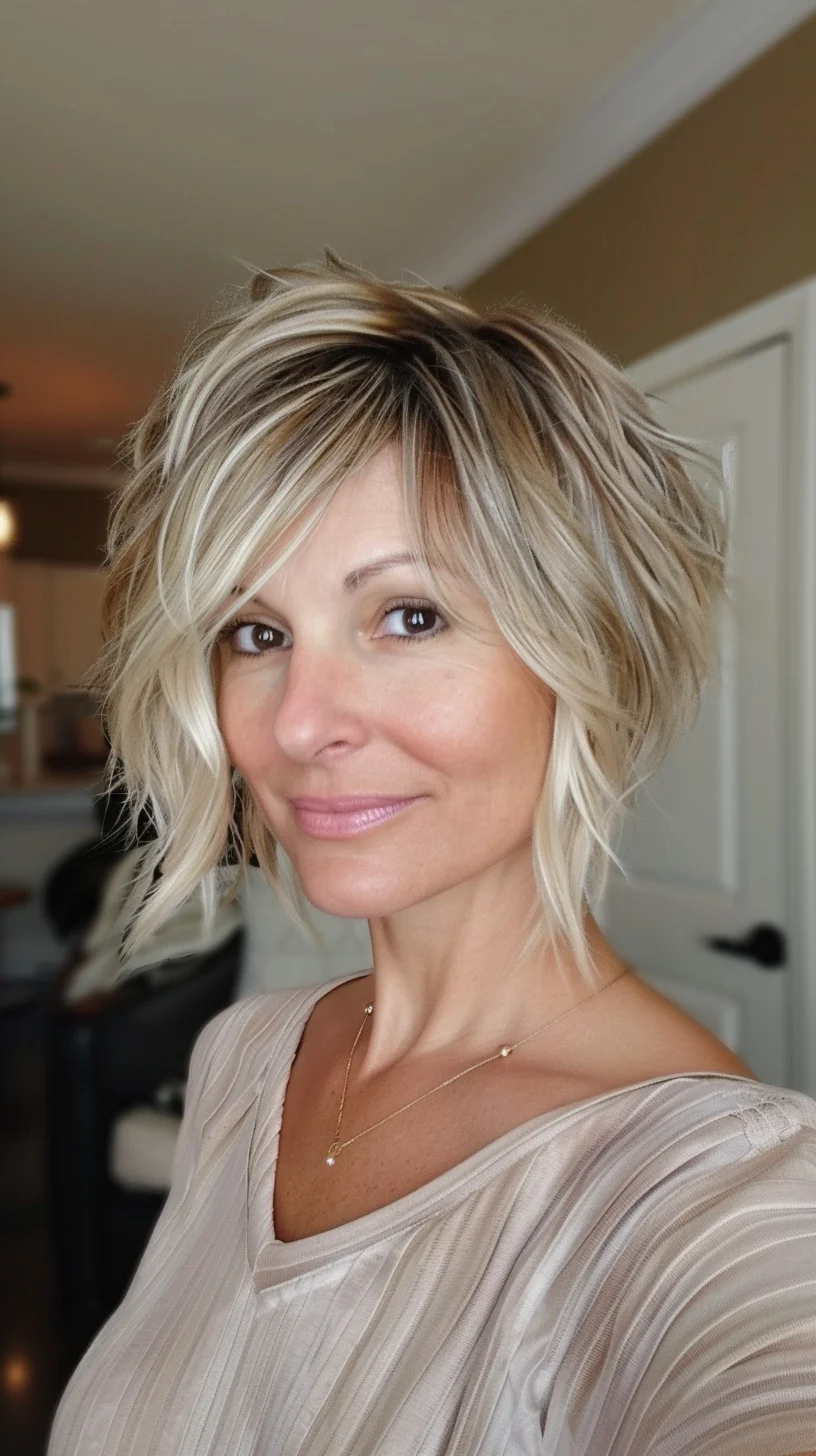 An asymmetrical pixie cut with a modern, tousled finish. The hairstyle boasts a mix of platinum blonde and darker roots, giving it a dynamic and textured appearance. The loose, wavy layers create a playful vibe, while the slightly longer front sections soften the overall look.