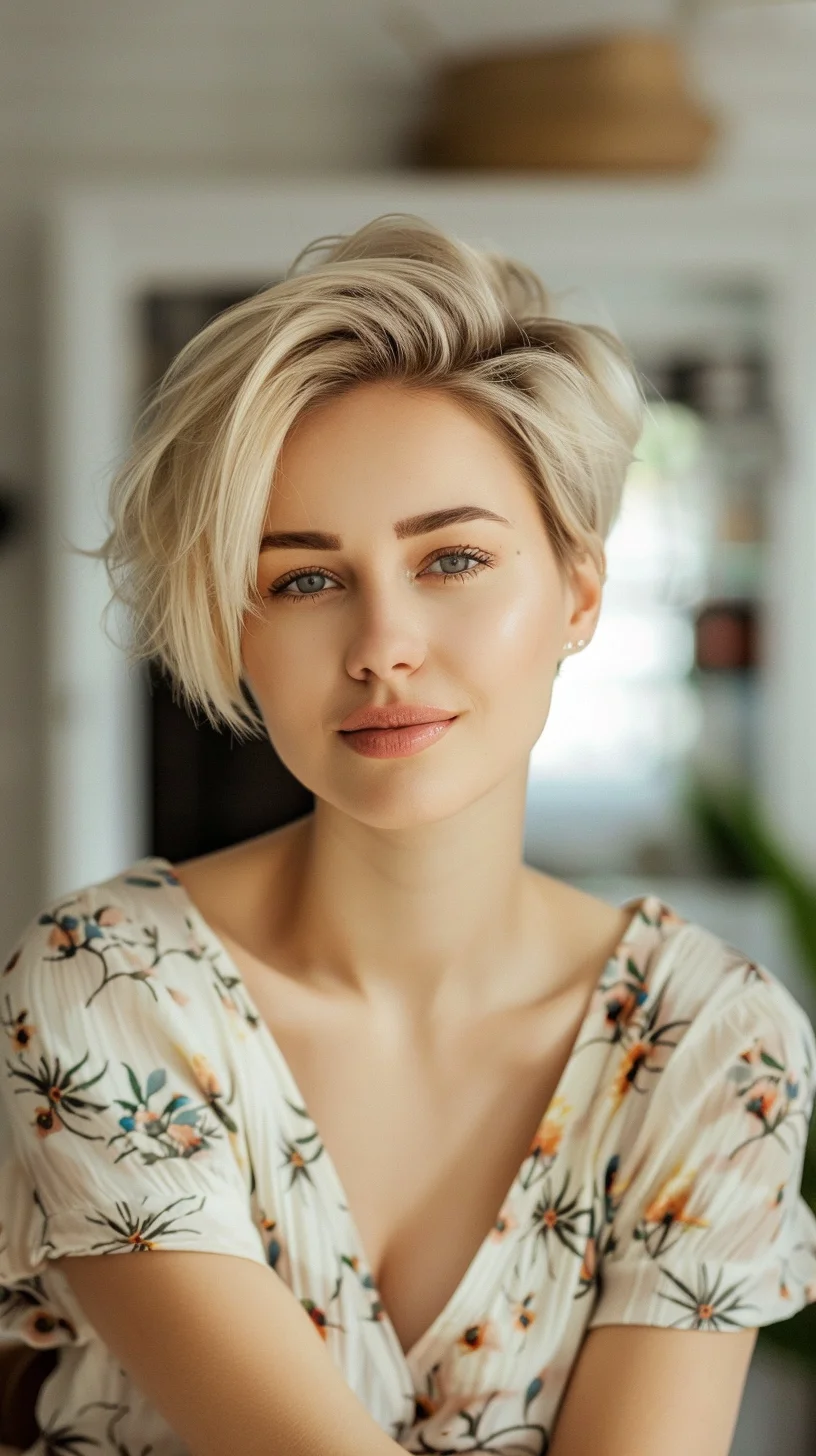 This classic pixie cut showcases a sleek, platinum blonde shade with subtle undertones that add dimension. The hairstyle is styled with a deep side part and voluminous waves, creating a soft, romantic feel. The neatly tapered nape balances the fuller top, offering a refined yet trendy look.