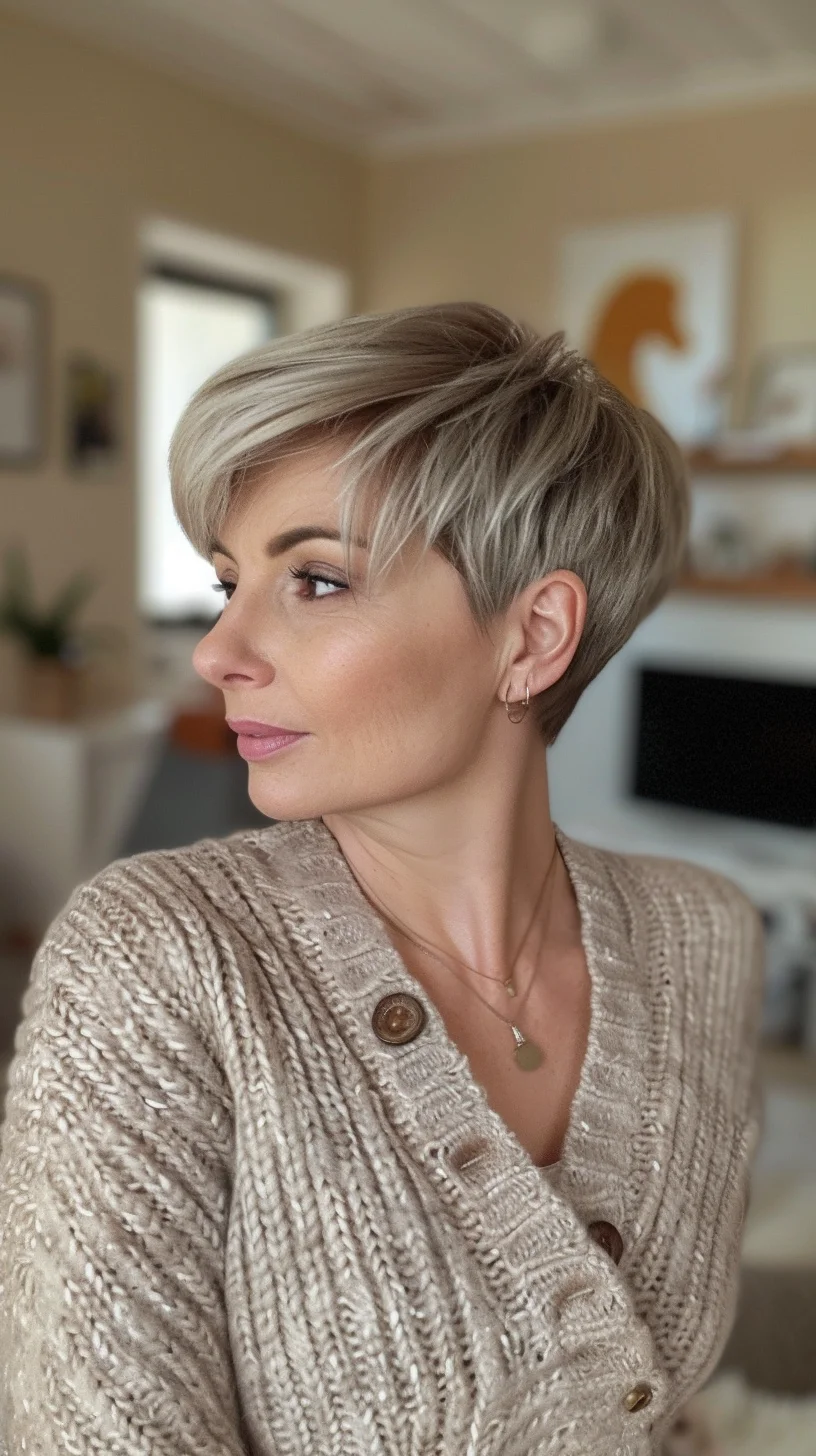 This sophisticated pixie cut is characterized by its clean lines and smooth finish. The sandy blonde color with subtle lowlights offers a natural and refined look. The style includes a side part and soft, layered bangs, framing the face gently and creating a timeless, elegant appearance.