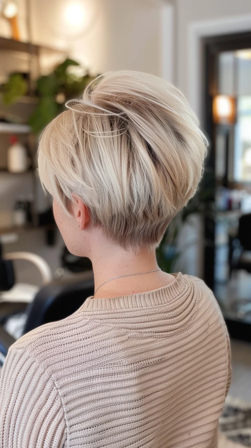 This pretty hairstyle showcases a soft, layered pixie cut with a subtle angle that frames the face beautifully. The light blonde shade with hints of platinum gives it a fresh and bright appearance. The neatly trimmed nape complements the gentle, flowing layers on top, providing a chic and modern vibe.