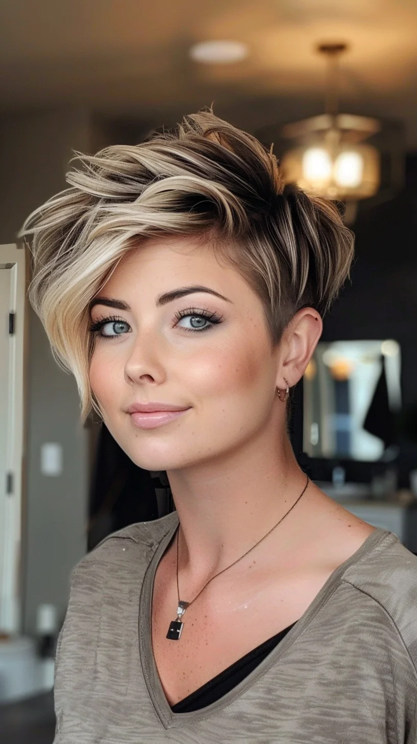 Highlighted with a mix of blonde tones, this pixie cut boasts a voluminous top with textured layers that flow effortlessly. The style is edgy and modern, with a clean, close-cropped nape that accentuates the fullness above. It's perfect for those looking to make a bold statement with their hair.