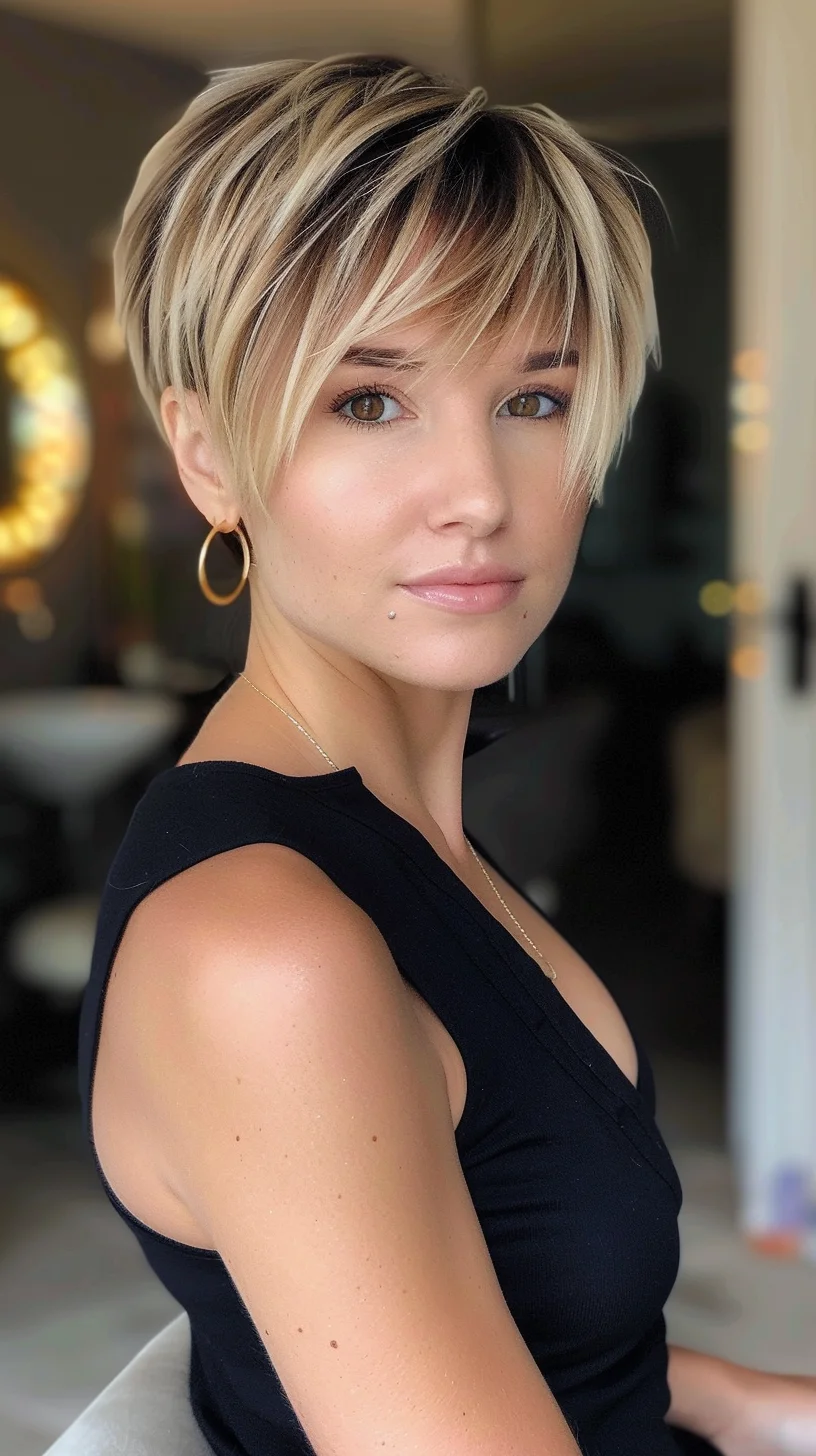 Here is a playful, choppy pixie cut with fringe bangs that frame the face. The blend of blonde hues, from warm honey to cool platinum, creates a multidimensional effect that adds vibrancy to the look. The undercut nape contrasts sharply with the soft, airy layers on top, creating a fashionable and edgy aesthetic.