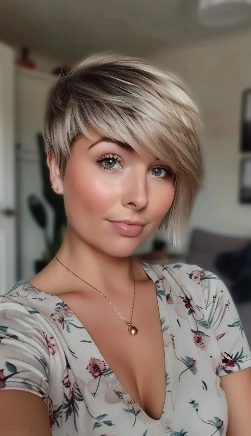 This chic pixie cut features sleek, side-swept bangs that seamlessly blend into longer layers on one side, creating an asymmetrical effect. The cool blonde shade with subtle lowlights adds a touch of sophistication, enhancing the overall polished look.