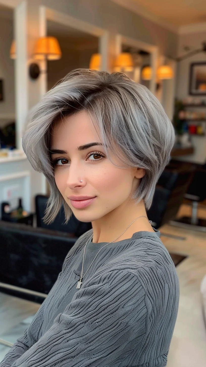 A striking pixie with a modern twist, showcasing a silvery-gray hue that’s both edgy and elegant. The soft layers are expertly crafted to create volume and movement, while the slightly longer length around the face frames it beautifully, offering a contemporary and stylish vibe.