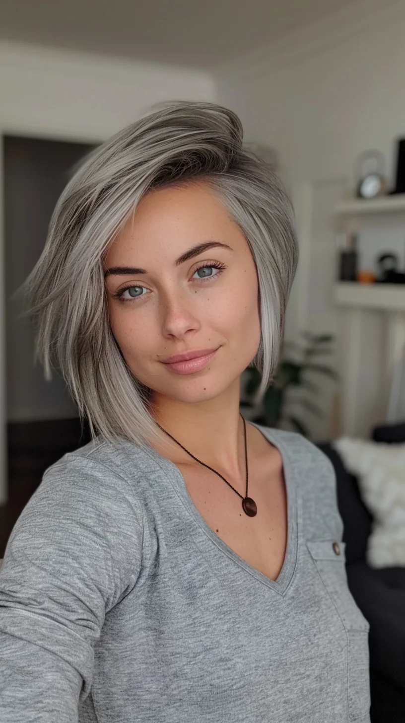 This sophisticated pixie cut combines a sleek bob with an angled fringe, adding dimension and drama. The silver-gray color with subtle highlights creates a stunning contrast, enhancing the depth and texture of the hairstyle. It's a bold yet refined look that exudes confidence.