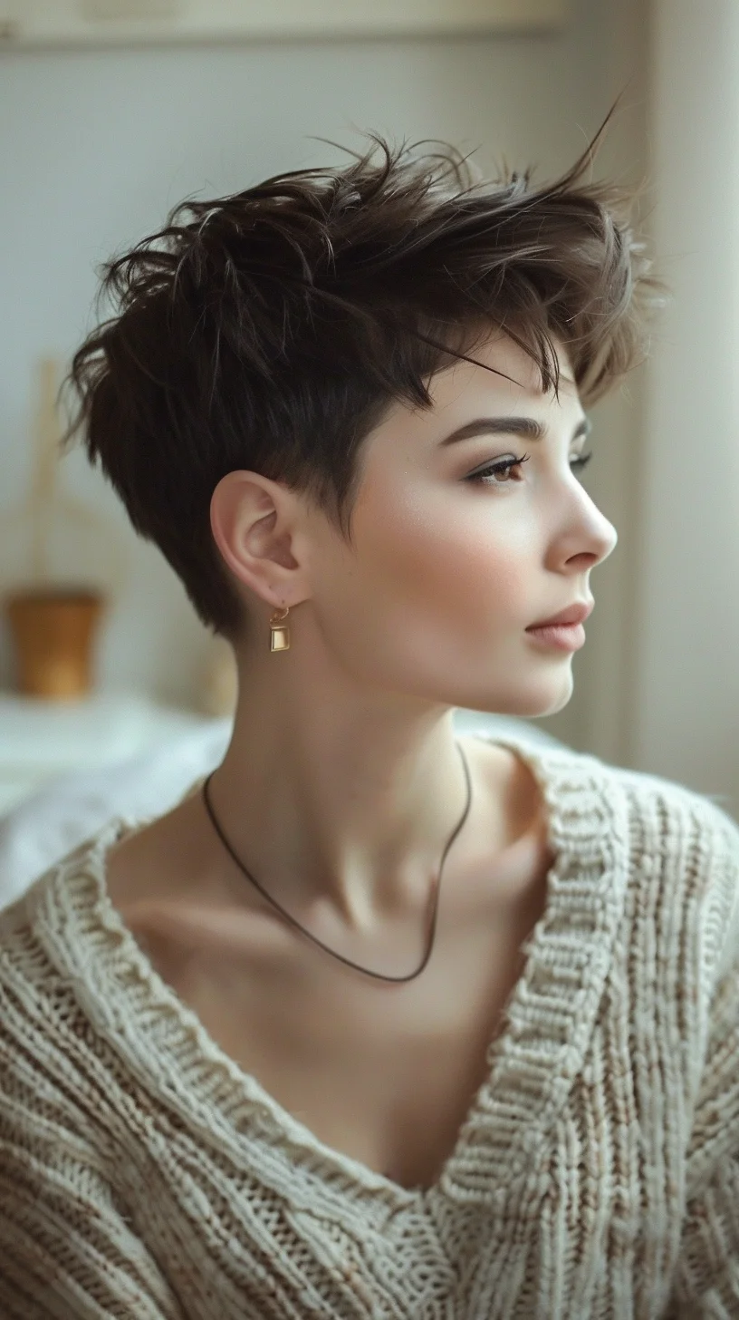 An edgy pixie cut with a tousled, messy finish that adds a playful and youthful touch. The dark brunette base is contrasted with lighter highlights, creating a dynamic and textured appearance. The short, choppy layers and tapered sides enhance the bold, modern aesthetic.