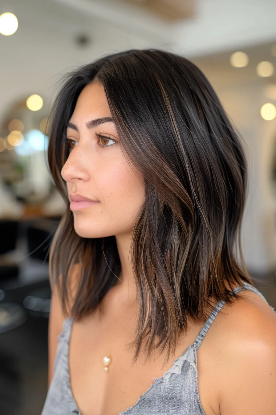 A shoulder-length bob with a middle part and dark brown hair featuring subtle, natural-looking highlights. The hair is slightly layered to add volume and movement, while the highlights create a multi-dimensional effect. This style is modern and effortlessly chic.