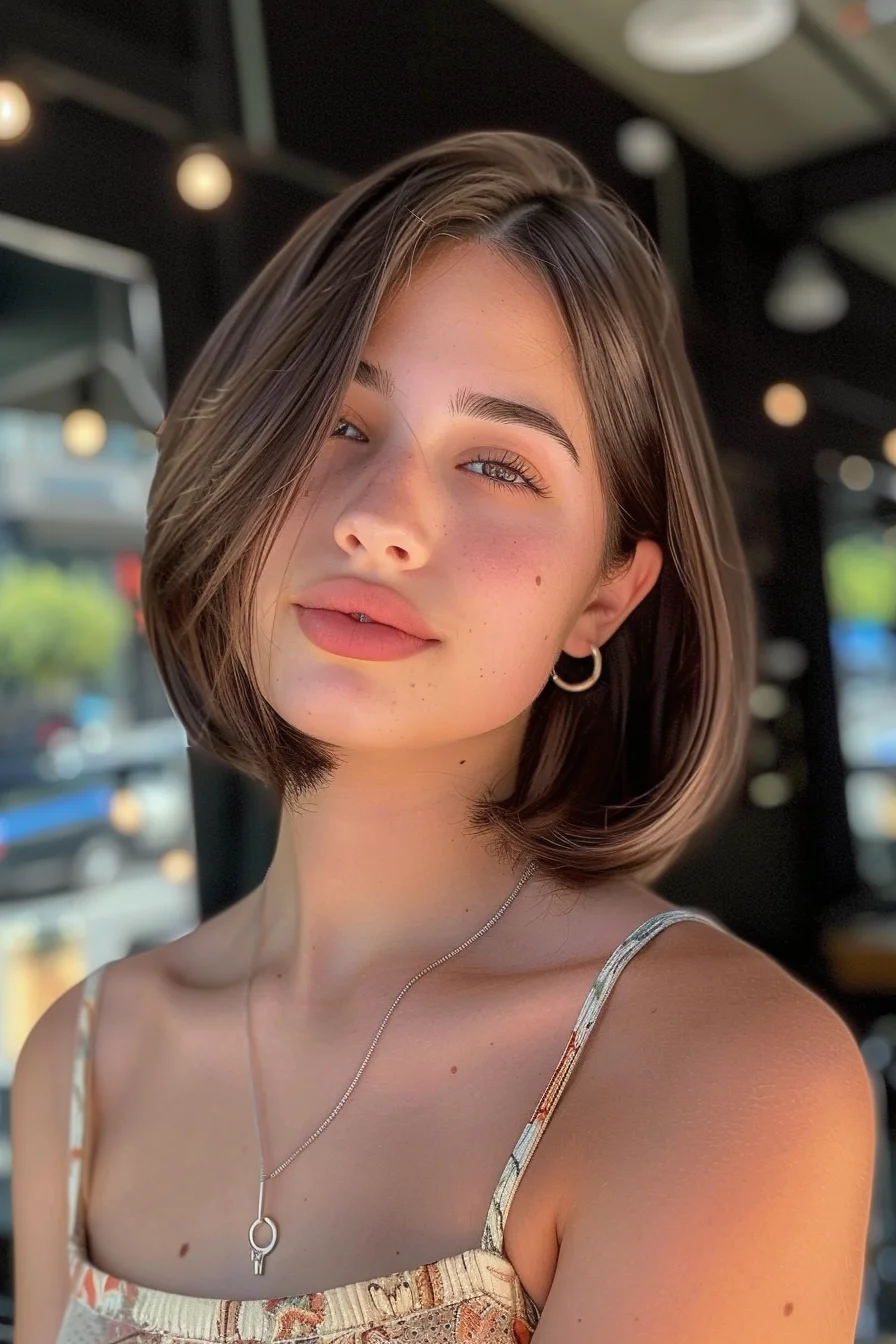A straight, shoulder-length bob with a deep side part, showcasing rich, dark brown hair with soft balayage highlights. The highlights add depth and a touch of brightness to the hair, enhancing its overall texture and visual appeal.