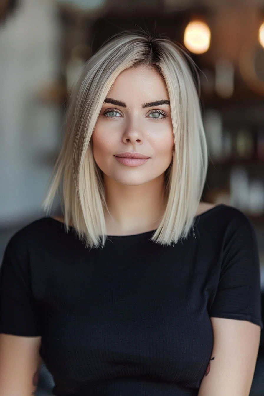 A sleek, shoulder-length bob with a middle part, featuring icy blonde hair. The ends are bluntly cut, creating a clean and modern look. This hairstyle gives a polished appearance, making it ideal for those who prefer a minimalist style.