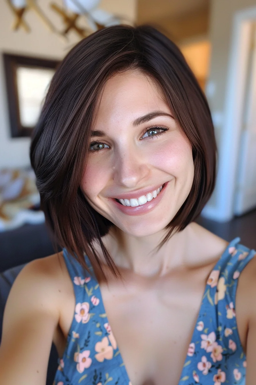 This shoulder-length bob is styled with a deep side part, adding volume and movement. The dark brown hair has a rich, glossy finish, accentuating the smooth texture and enhancing the overall elegant and sophisticated look.