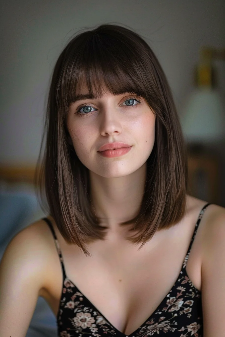 A classic shoulder-length bob with soft, blunt ends and a middle part. The dark brown color is uniform, providing a timeless and sleek appearance. This haircut is versatile and can be styled for both casual and formal occasions.