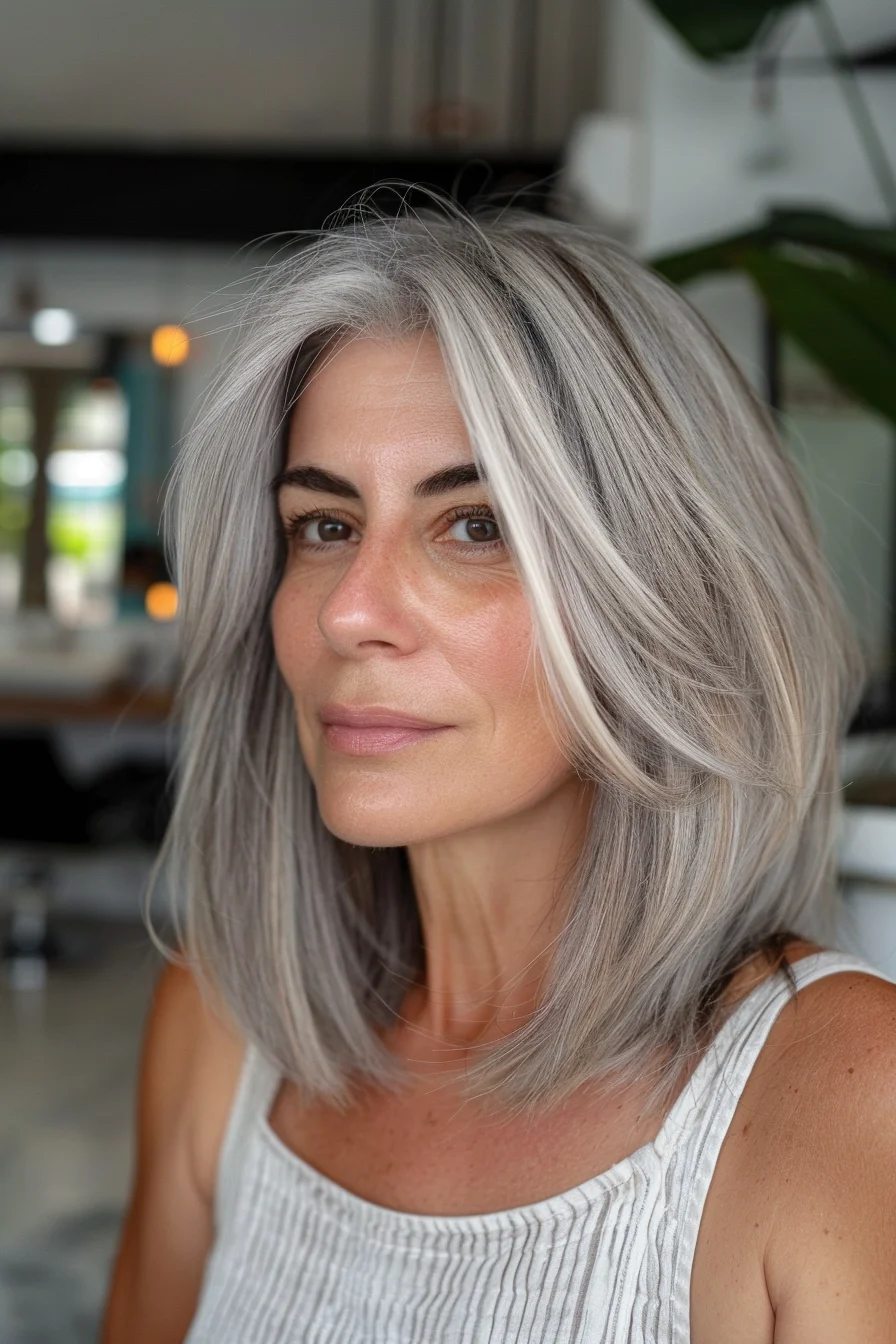A shoulder-length bob with subtle layers and a middle part. The naturally grey hair adds a touch of sophistication and elegance, while the soft layers create movement and volume, making this style both modern and chic.